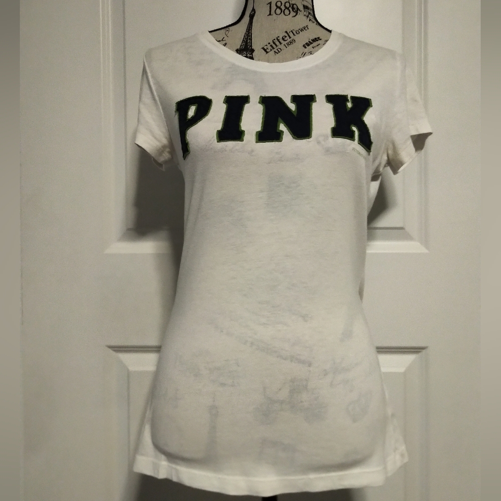 PINK Victoria's Secret White Tee with Blue and Green Accents- Size L